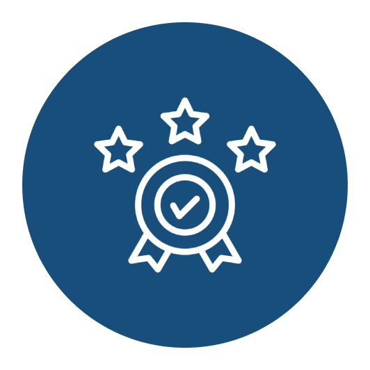 Award badge with stars and checkmark icon.