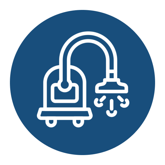 Vacuum cleaner icon on blue circle background.