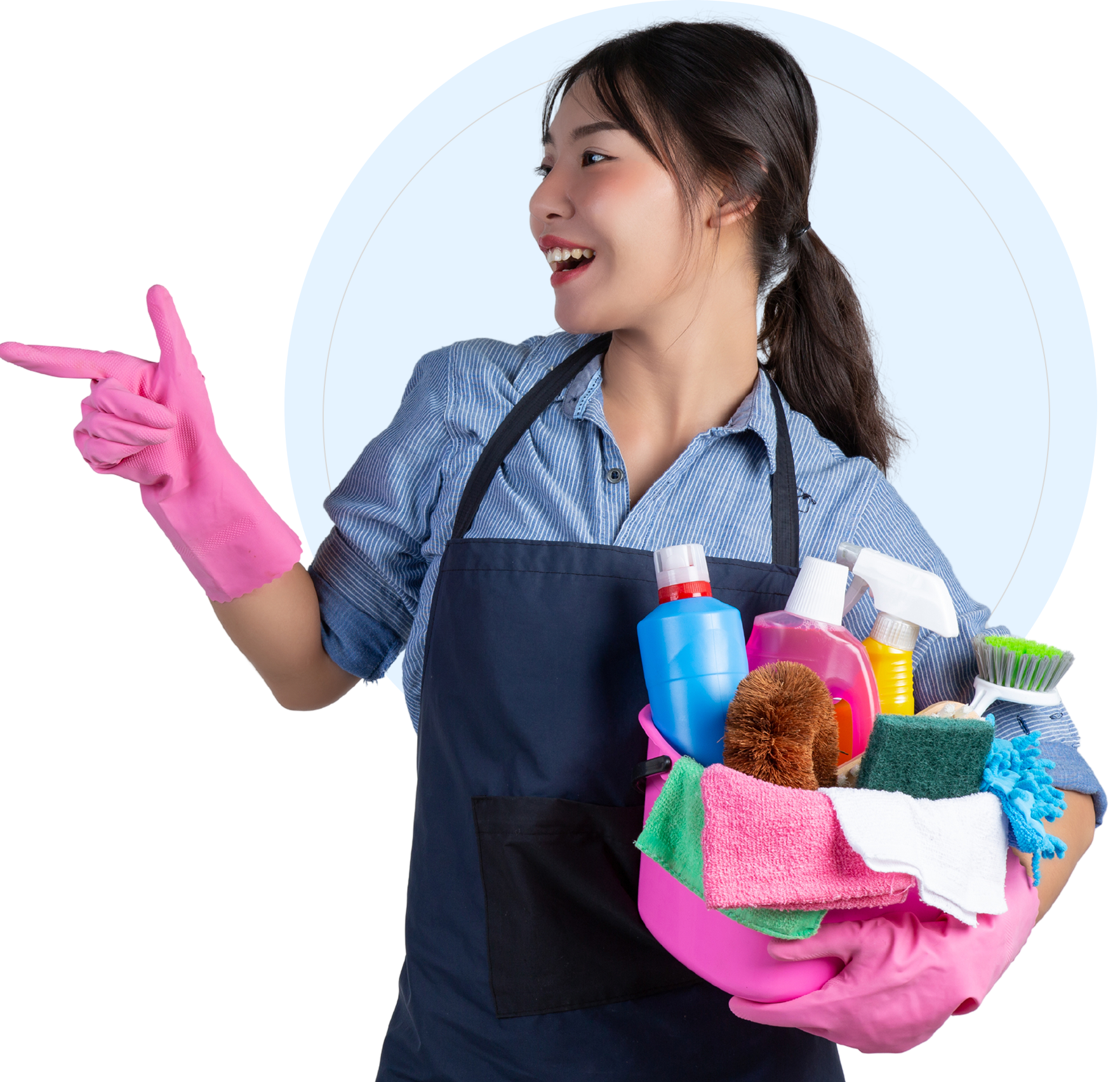 Person holding cleaning supplies, pointing sideways.