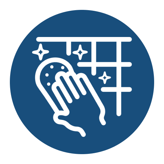 Hand cleaning wall with sponge icon.